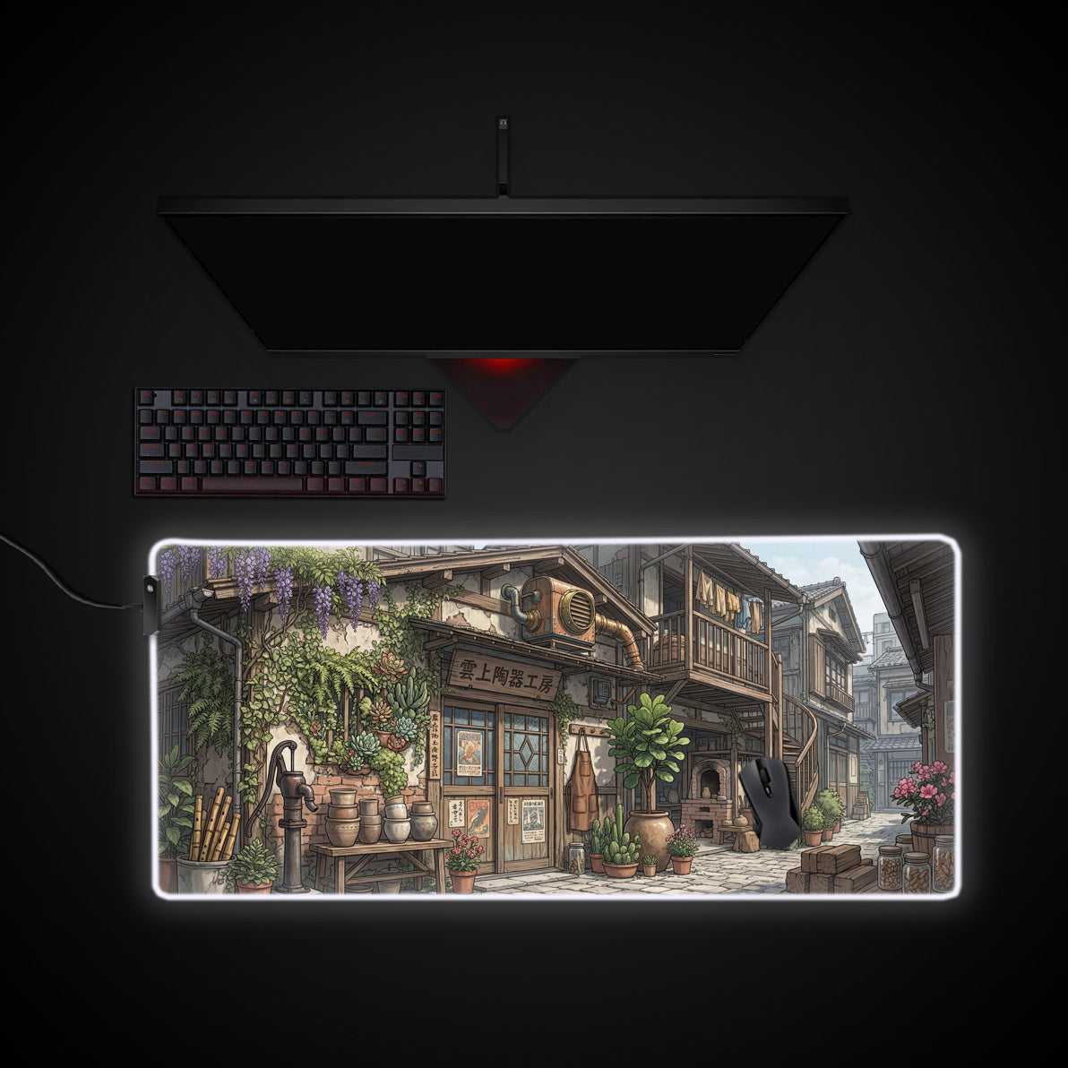 Rustic Pottery Shop desk mat with RGB edge lighting