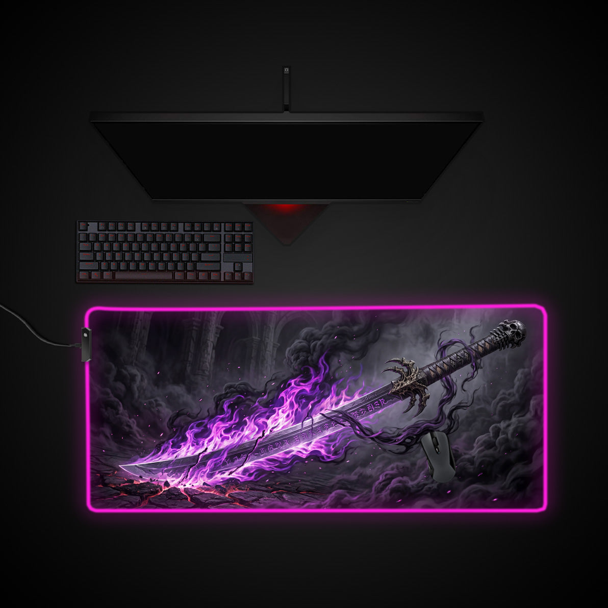 Cursed Runeblade desk mat with RGB edge lighting