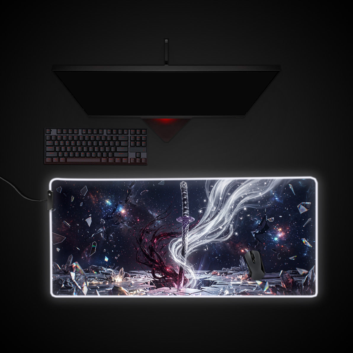Cosmic Katana desk mat with RGB edge lighting