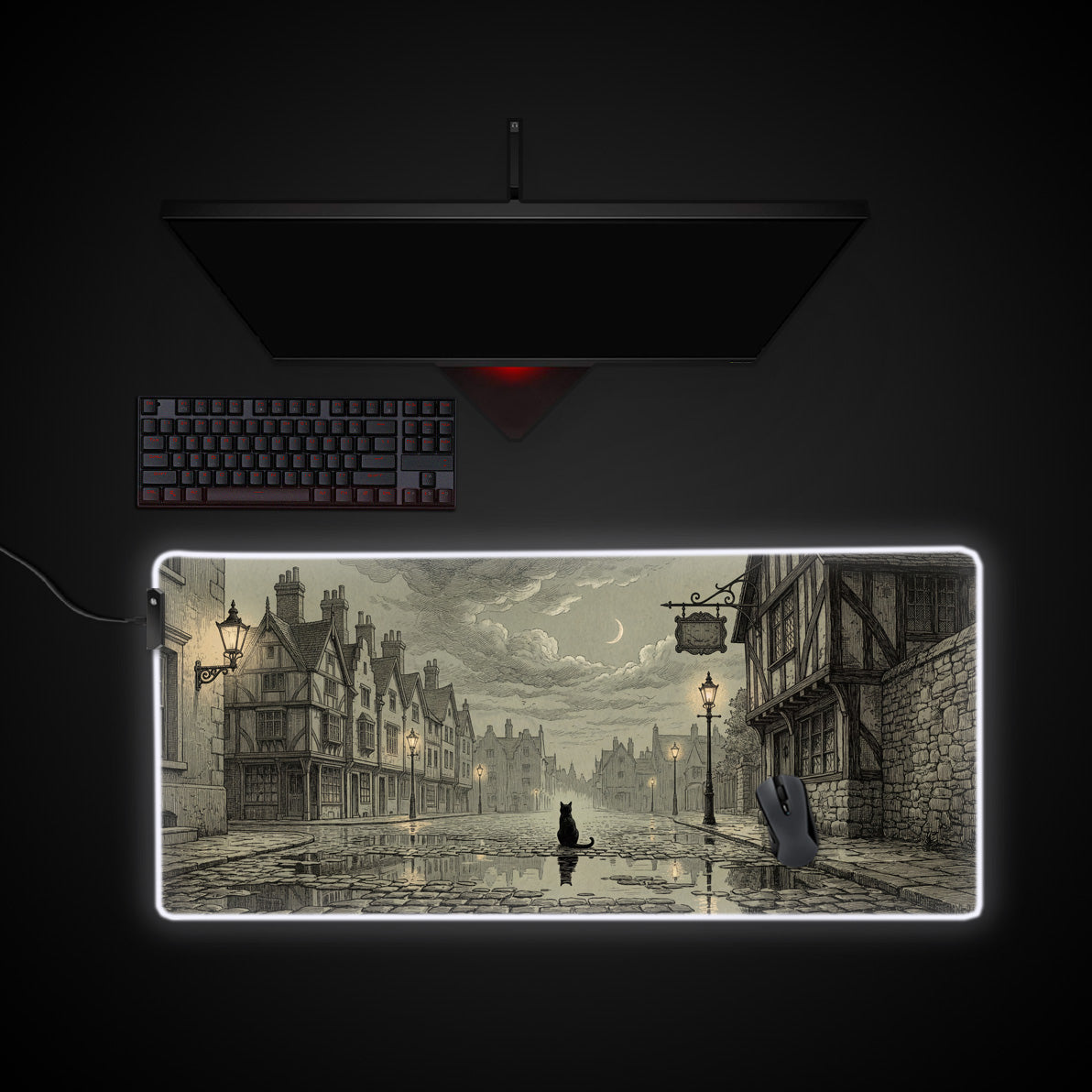 Cobblestone Cat desk mat with RGB edge lighting