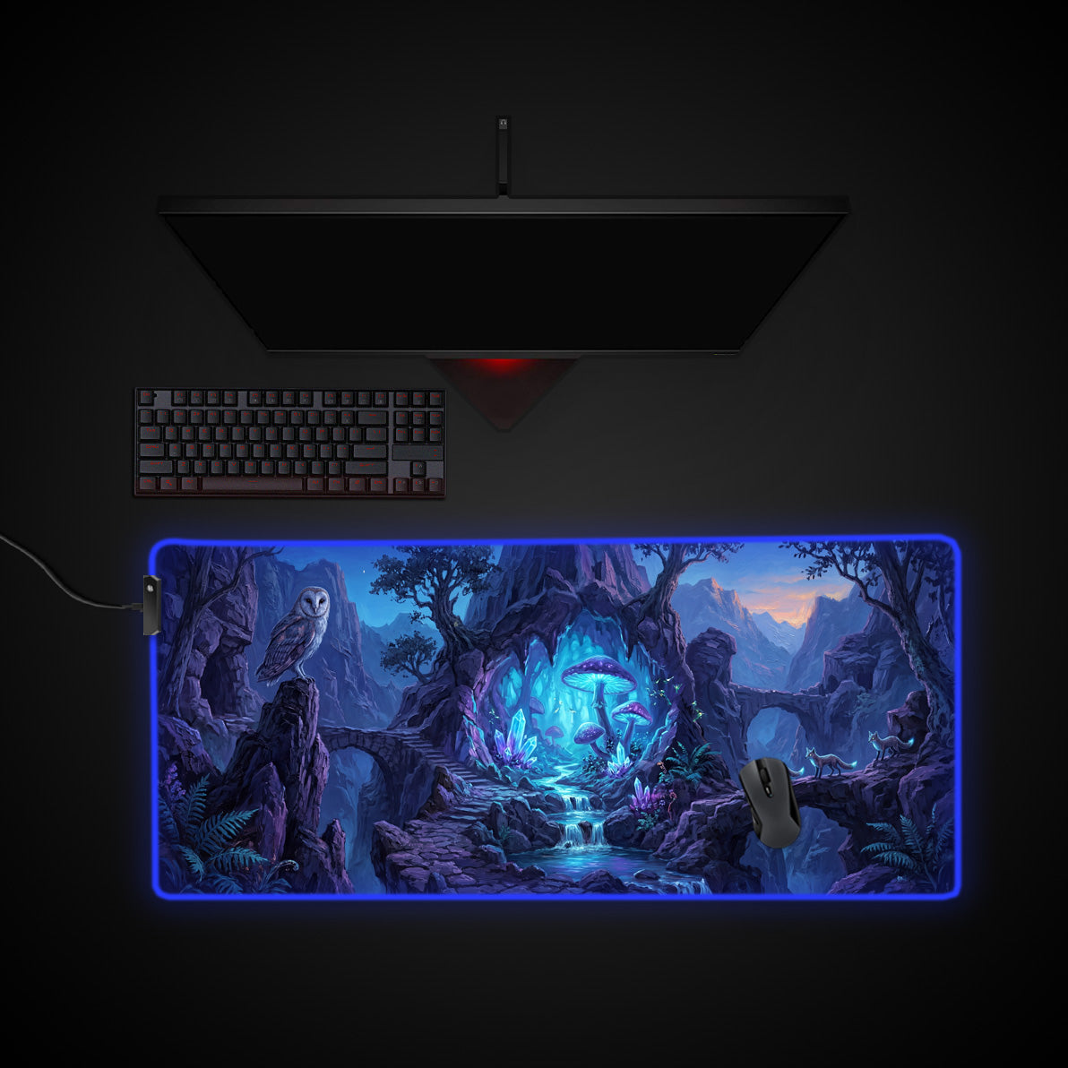 Enchanted Owl Hollow desk mat with RGB edge lighting