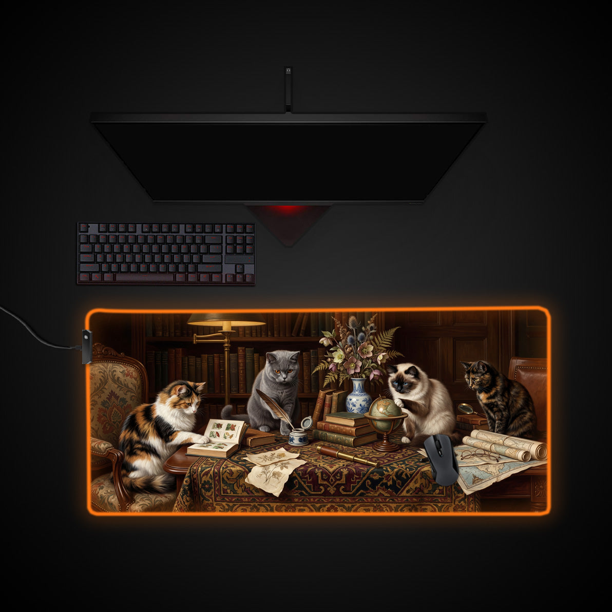 Feline Scholars desk mat with RGB edge lighting