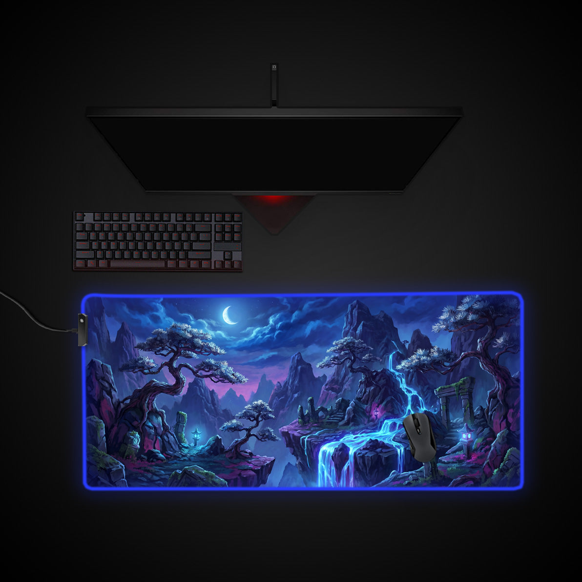 Mystic Waterfall desk mat with RGB edge lighting