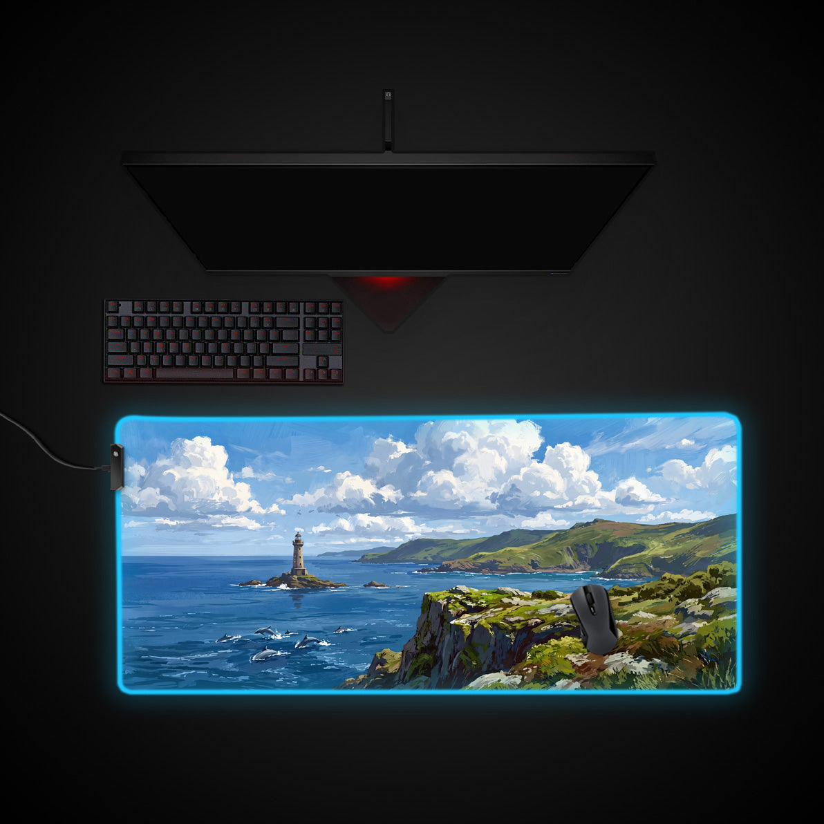 Coastal Lighthouse desk mat with RGB edge lighting