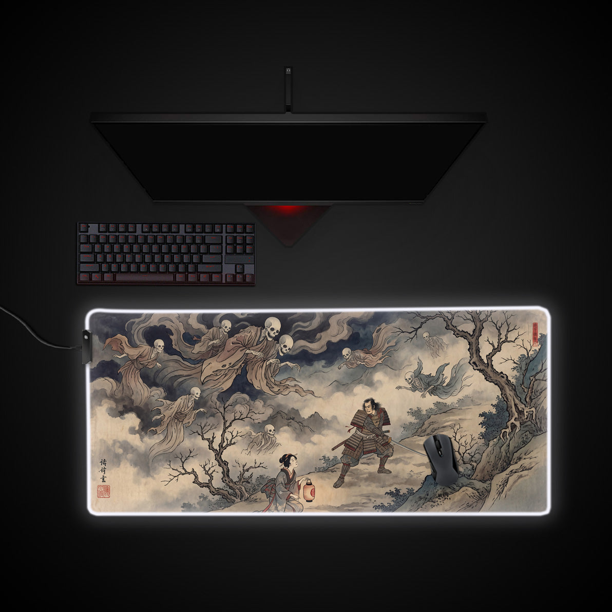 Samurai Ghost Battle desk mat with RGB edge lighting