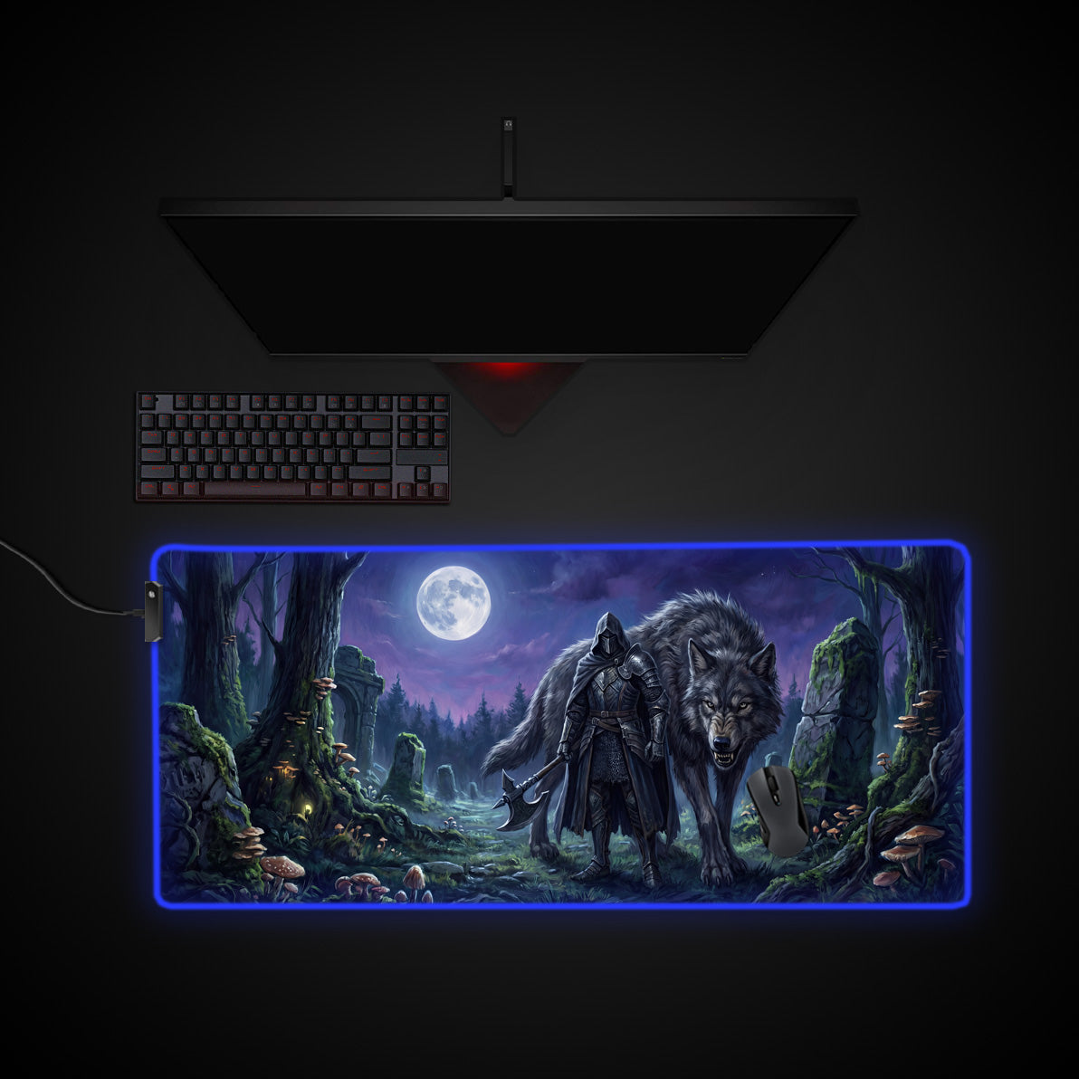 Moonlit Warrior desk mat with RGB edge lighting