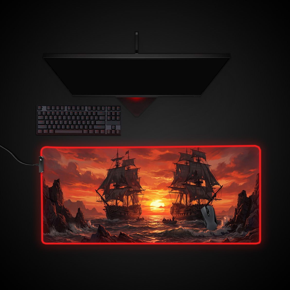 Crimson Armada desk mat with RGB edge lighting