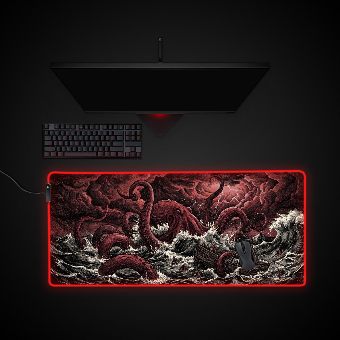 Crimson Kraken desk mat with RGB edge lighting