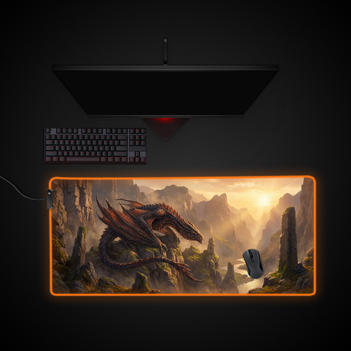 Sunlit Dragon Peak desk mat with RGB edge lighting