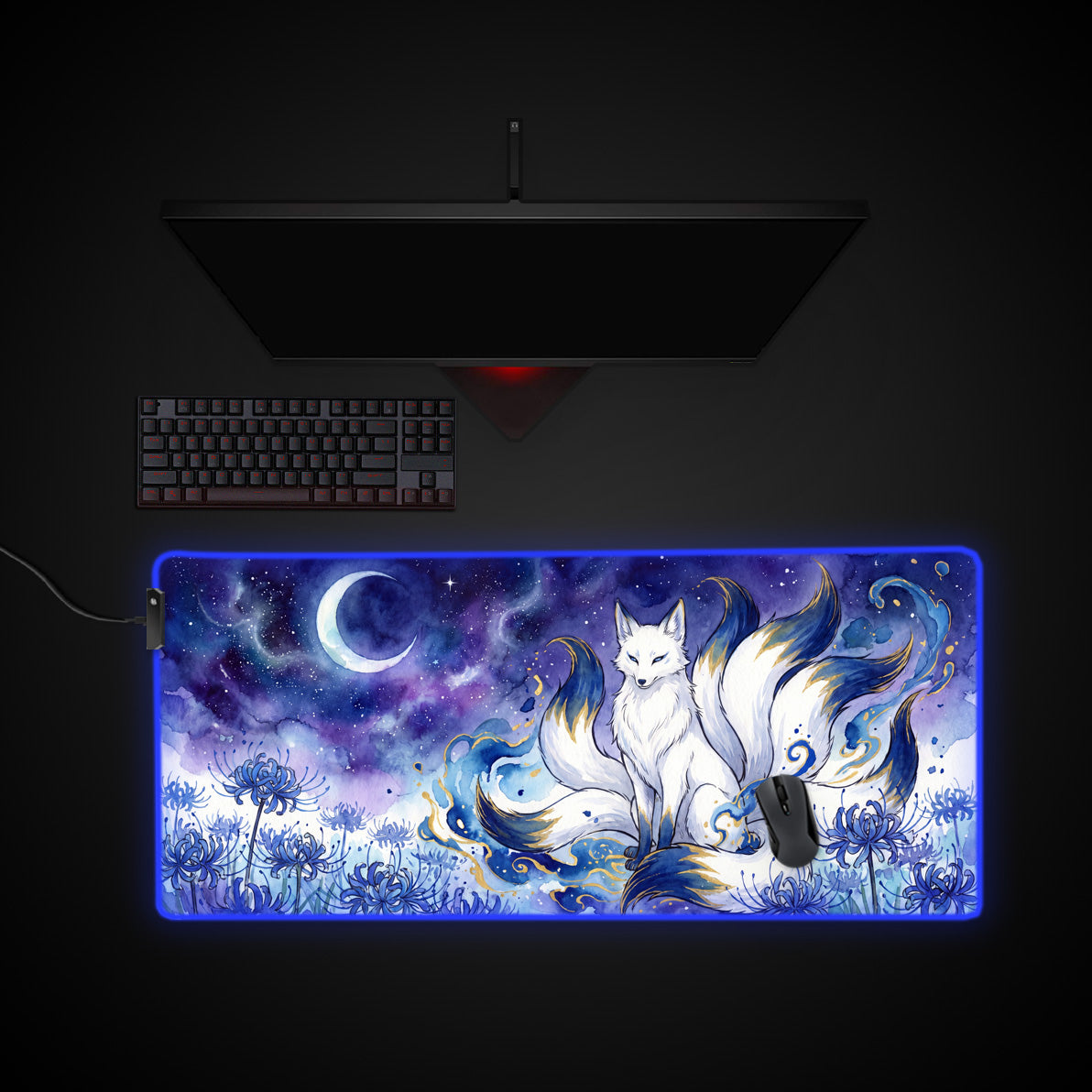 Celestial Kitsune desk mat with RGB edge lighting