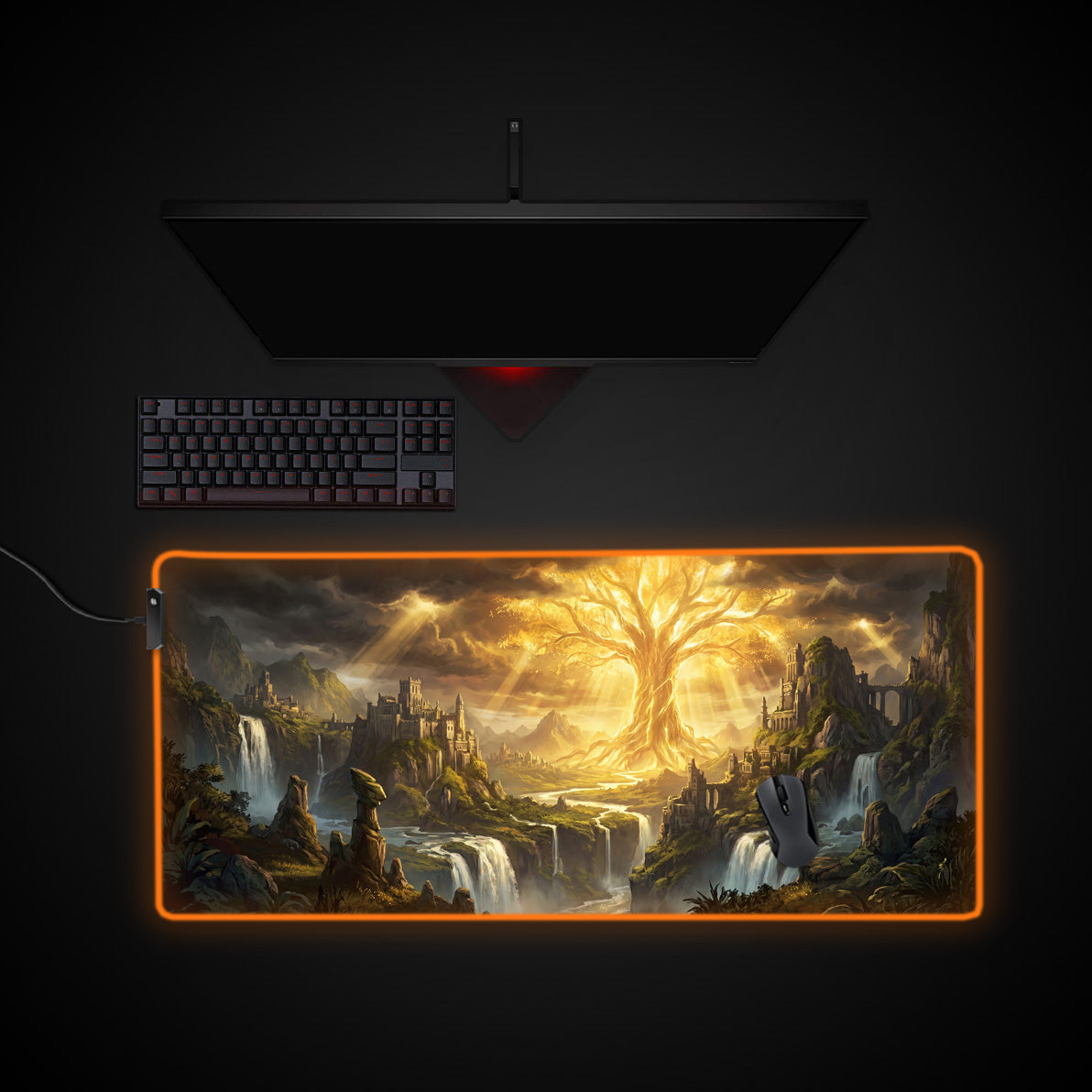 Golden World Tree desk mat with RGB edge lighting
