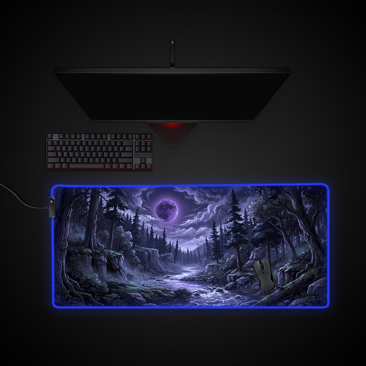 Mystic Lunar Forest desk mat with RGB edge lighting