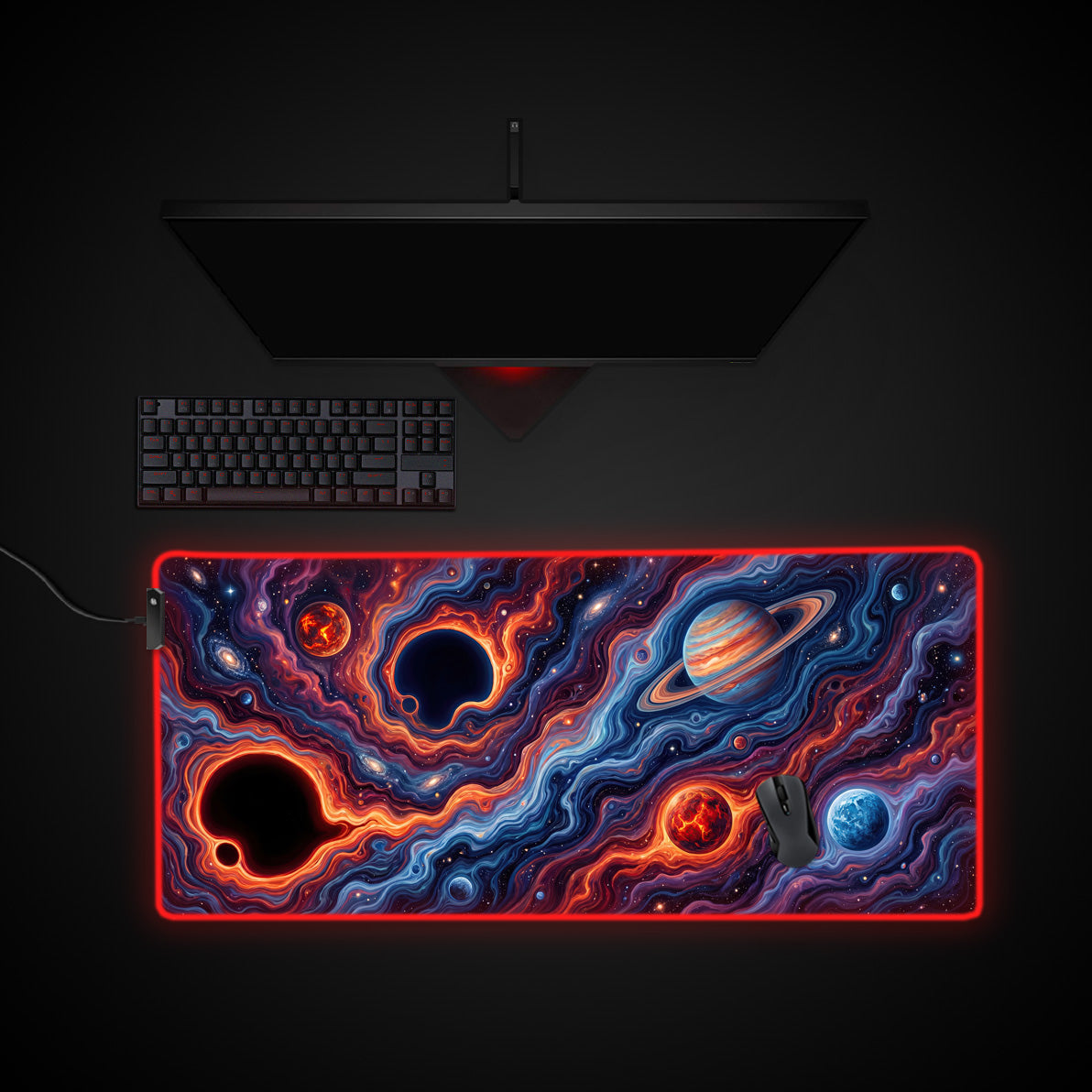 Cosmic Vortex desk mat with RGB edge lighting