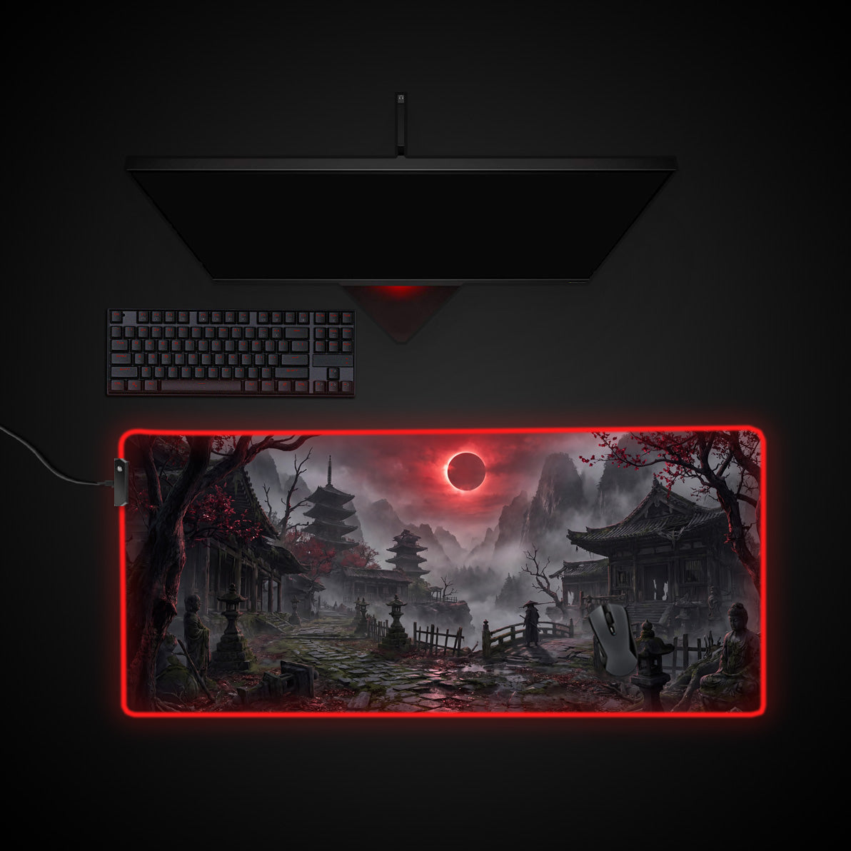Crimson Eclipse Pagoda desk mat with RGB edge lighting