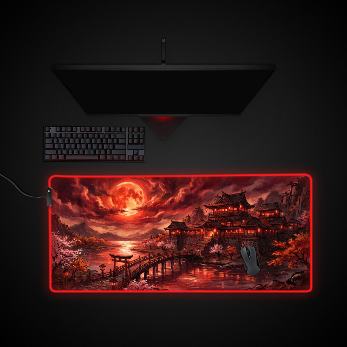 Crimson Moon Castle desk mat with RGB edge lighting