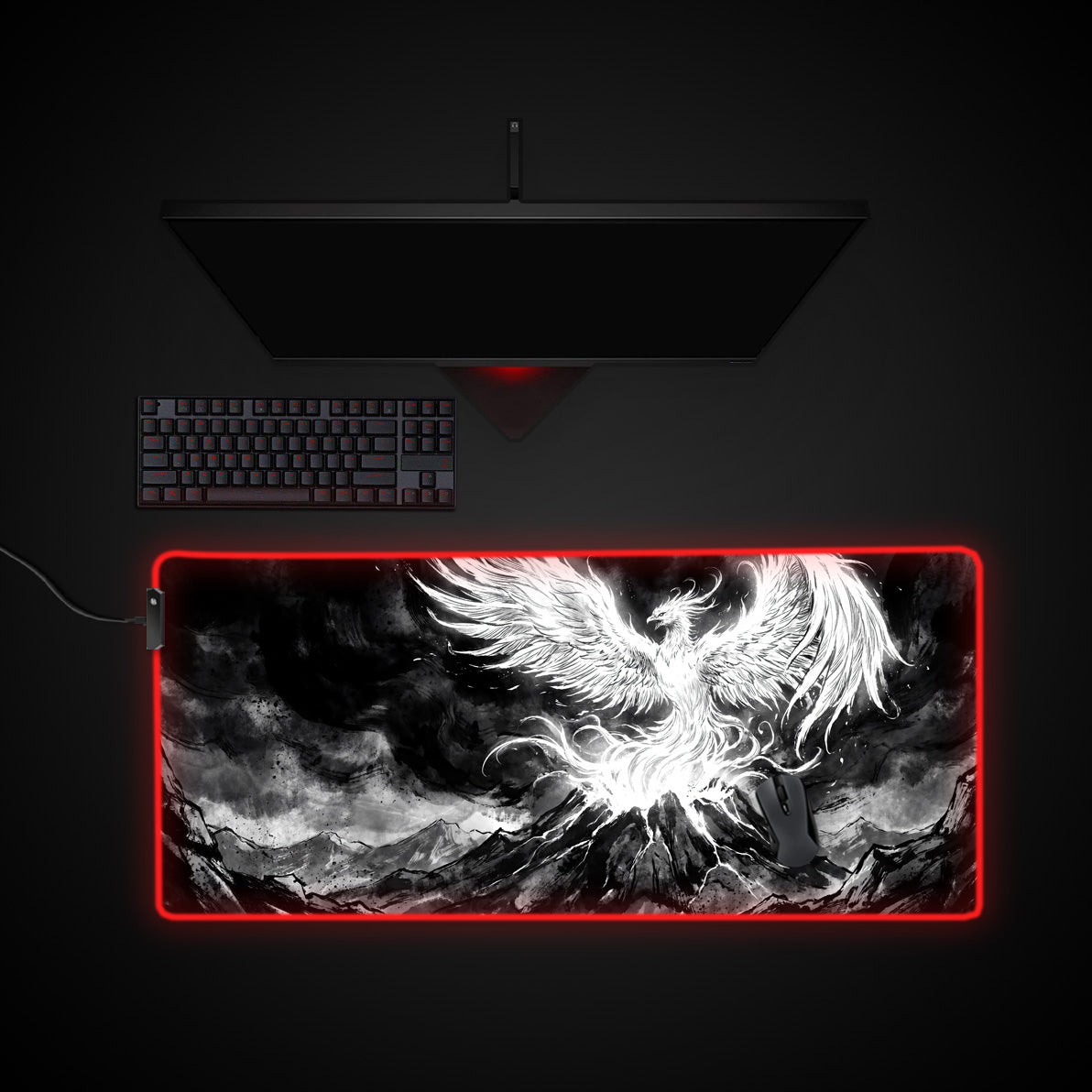 Ascending Phoenix desk mat with RGB edge lighting