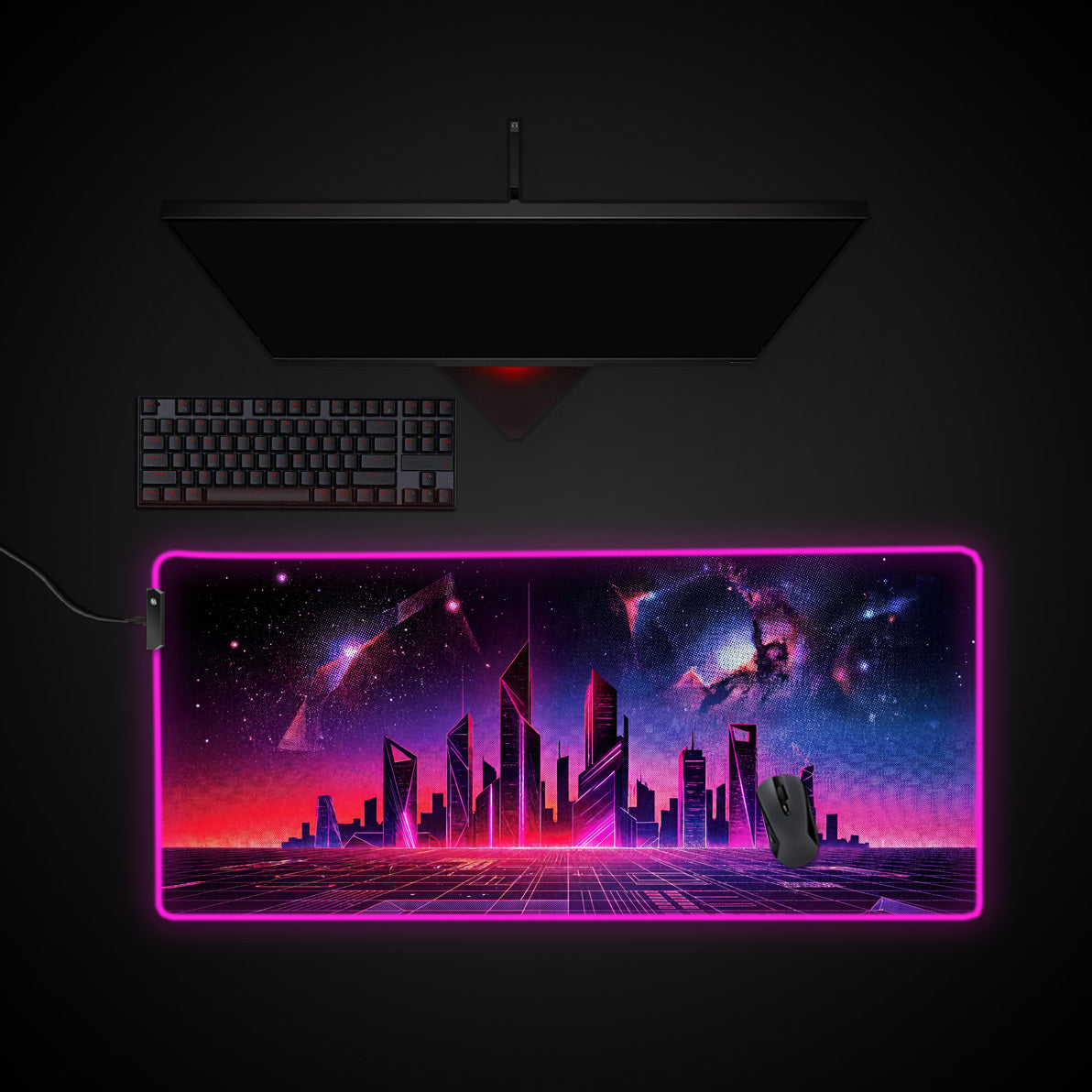 Synthwave Metropolis desk mat with RGB edge lighting