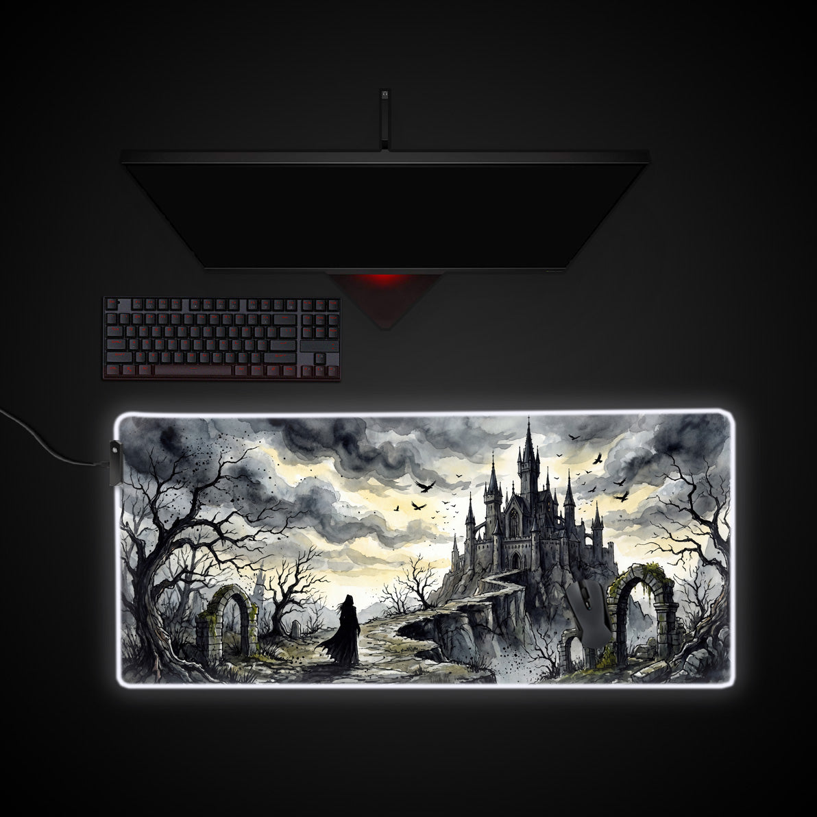 Gothic Castle desk mat with RGB edge lighting