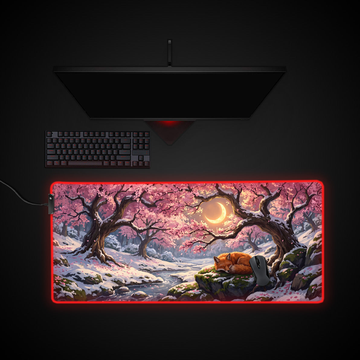 Winter Blossom Fox desk mat with RGB edge lighting