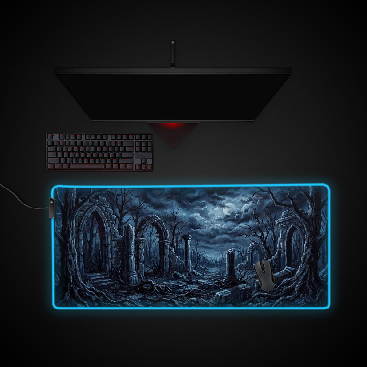 Moonlit Ruins desk mat with RGB edge lighting