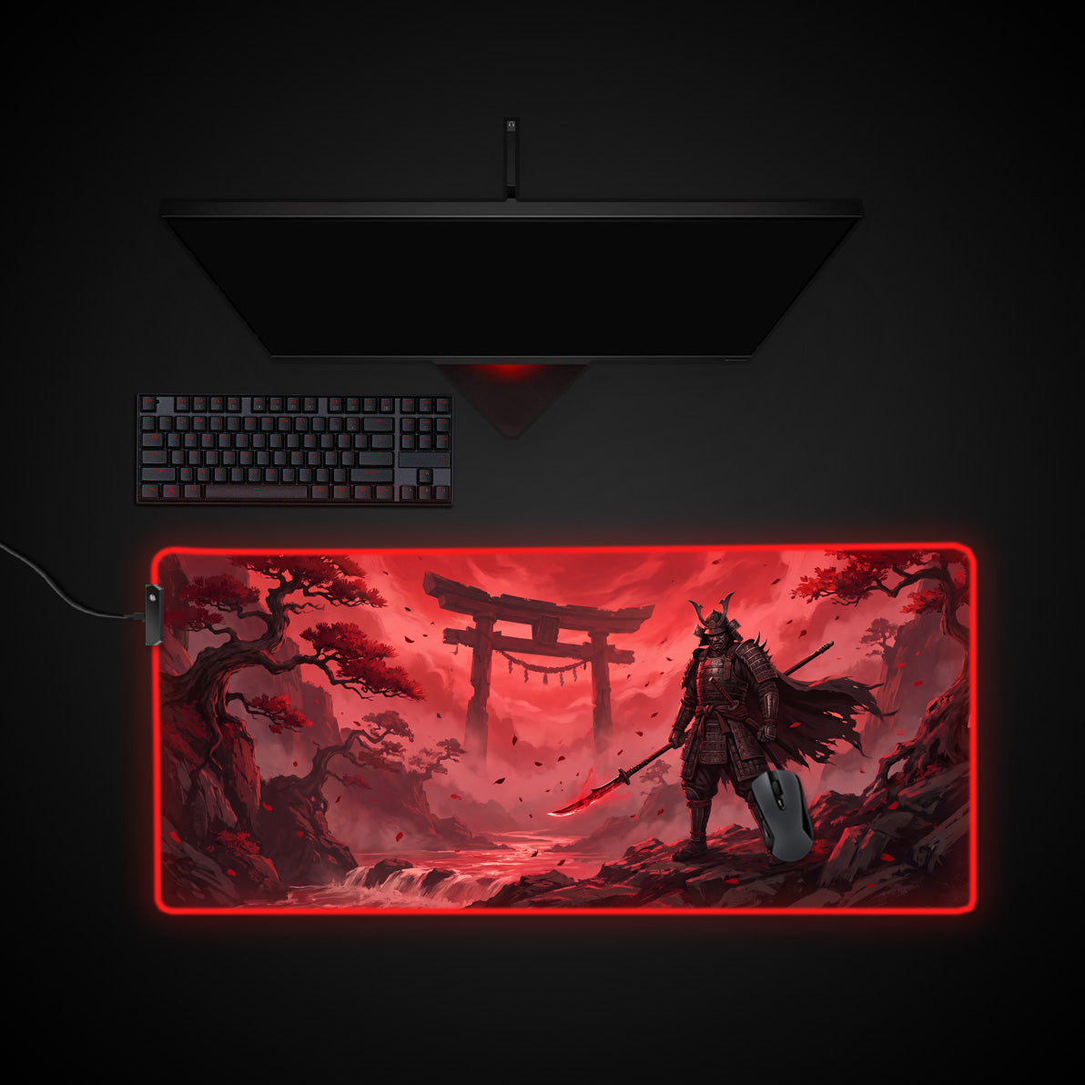 Crimson Samurai desk mat with RGB edge lighting