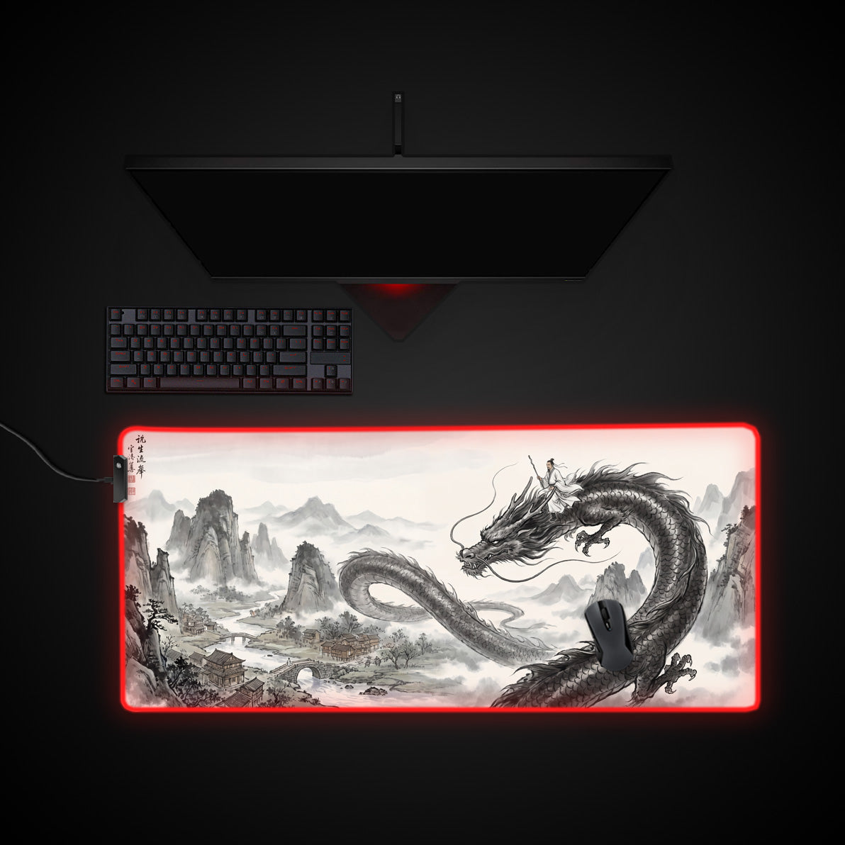 Ink Wash Dragon desk mat with RGB edge lighting