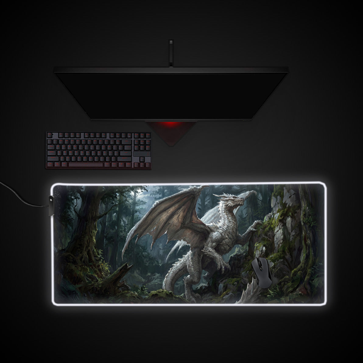 Ancient White Dragon desk mat with RGB edge lighting