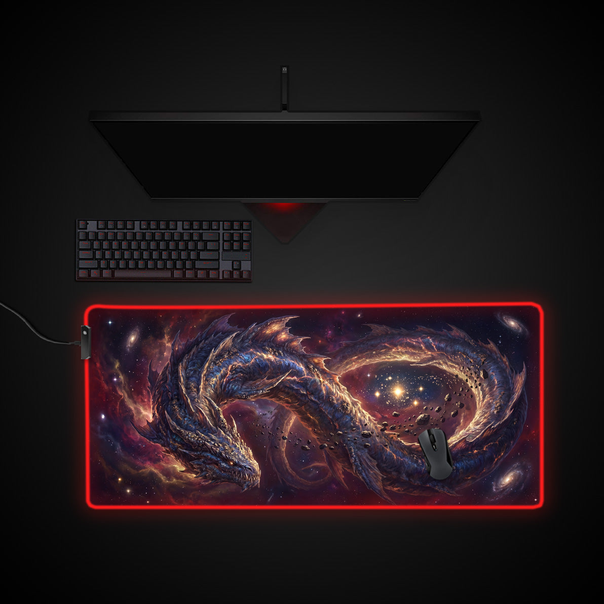 Cosmic Dragon desk mat with RGB edge lighting