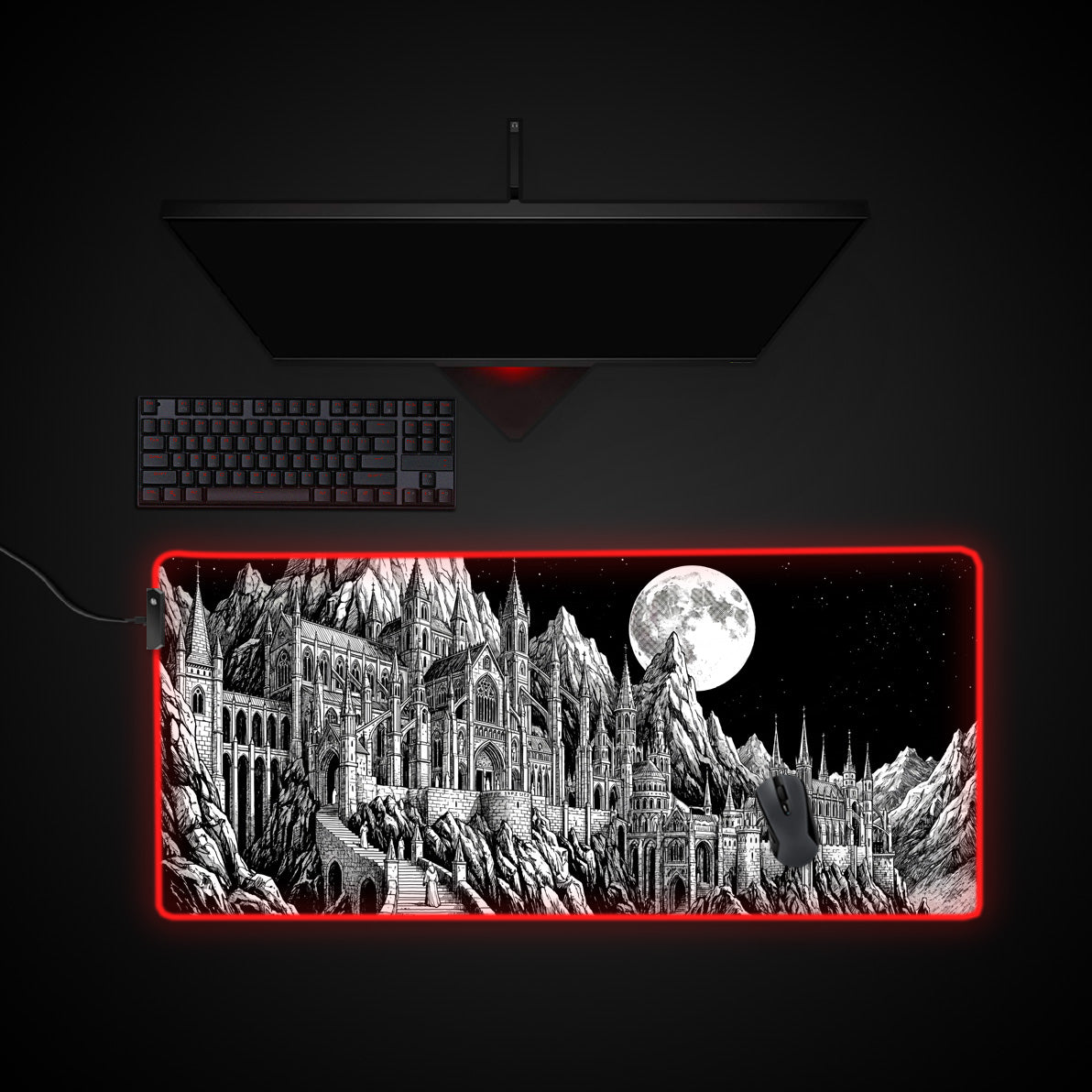 Lunar Cathedral desk mat with RGB edge lighting
