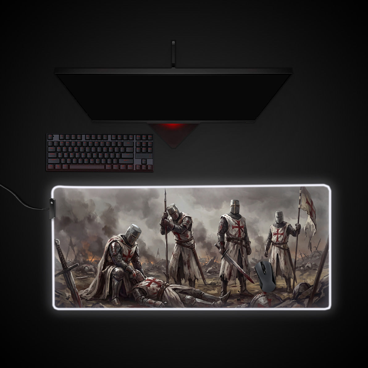 Fallen Crusader desk mat with RGB edge lighting