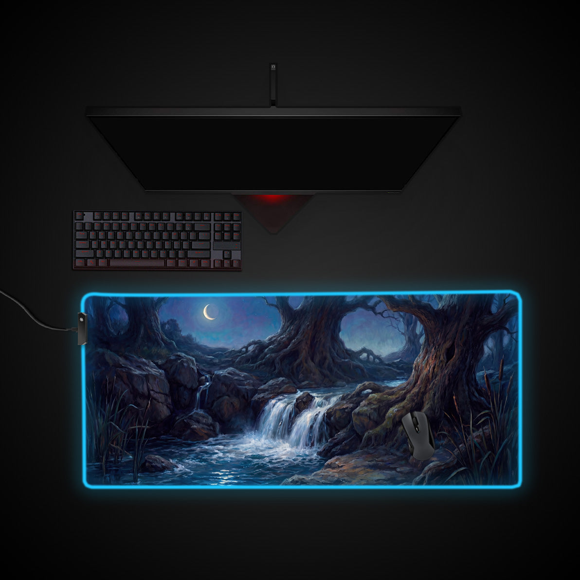 Moonlit Waterfall desk mat with RGB edge lighting