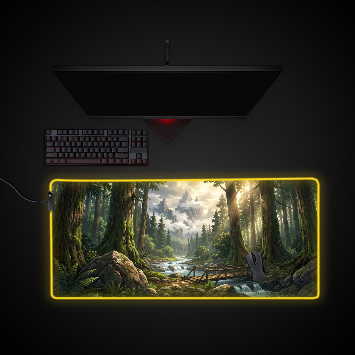 Sunlit Forest Bridge desk mat with RGB edge lighting