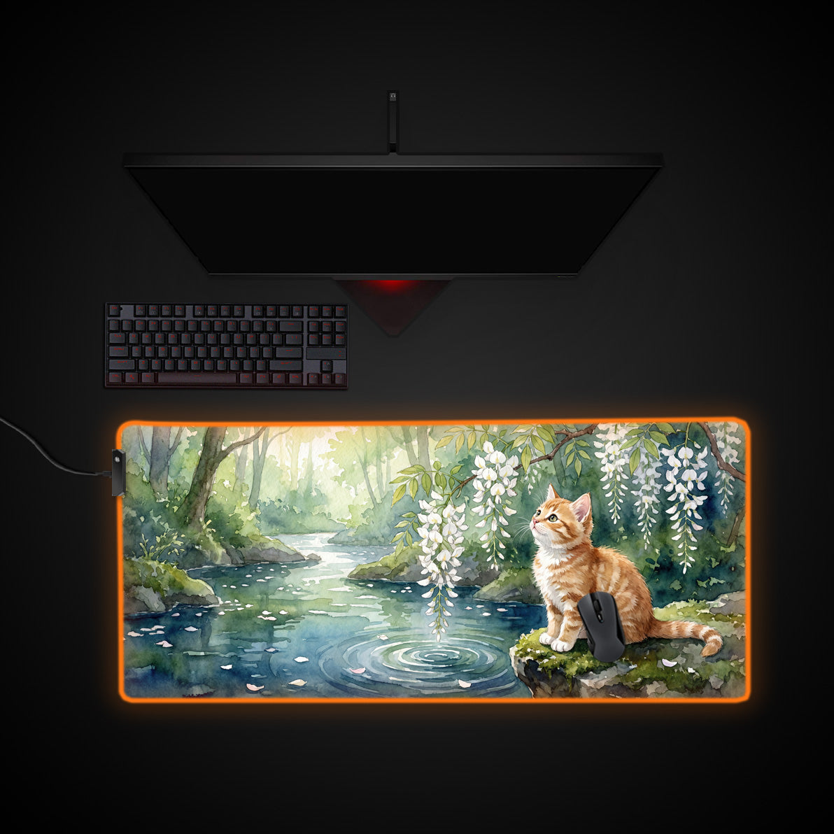 Wisteria Cat desk mat with RGB edge lighting