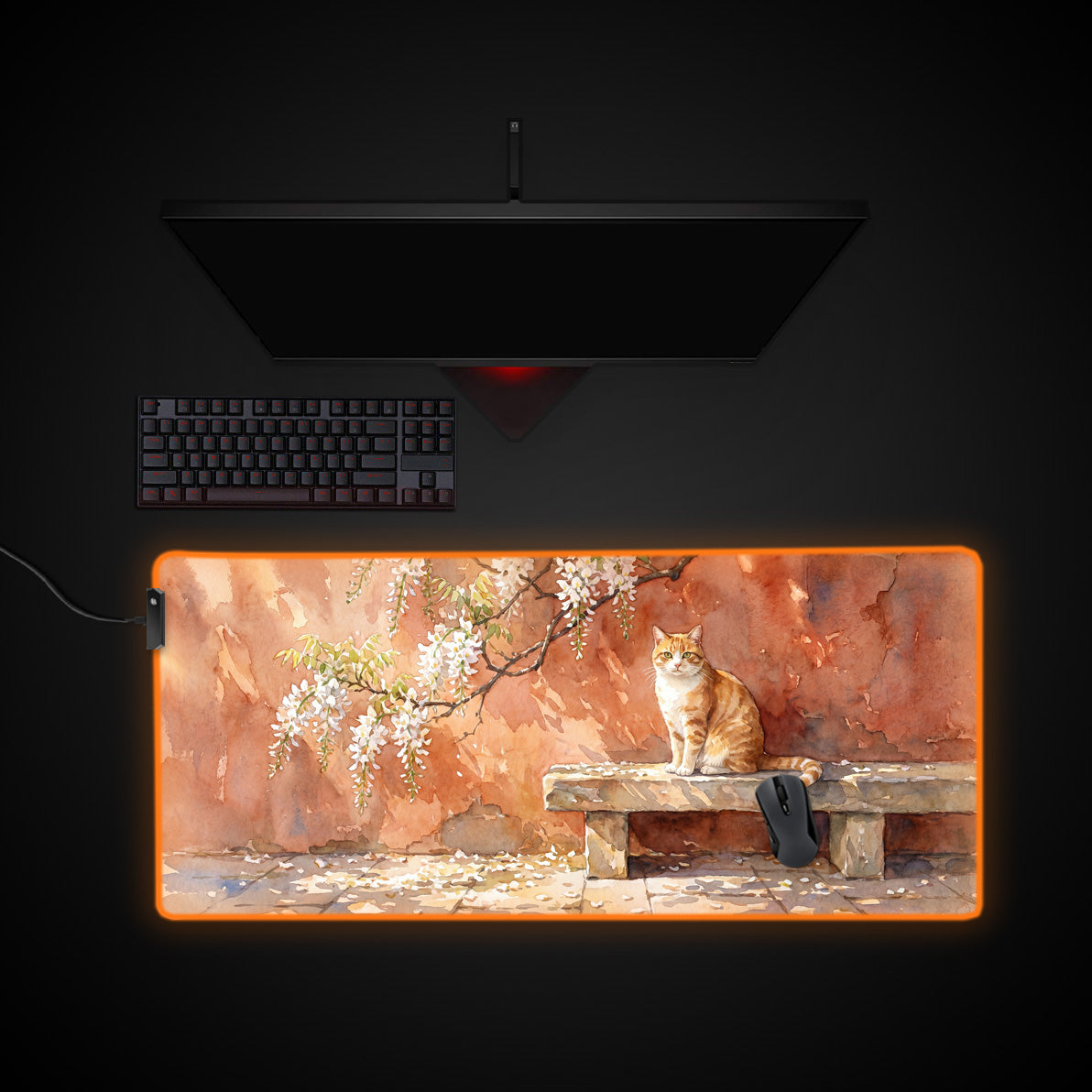 Watercolor Tabby desk mat with RGB edge lighting