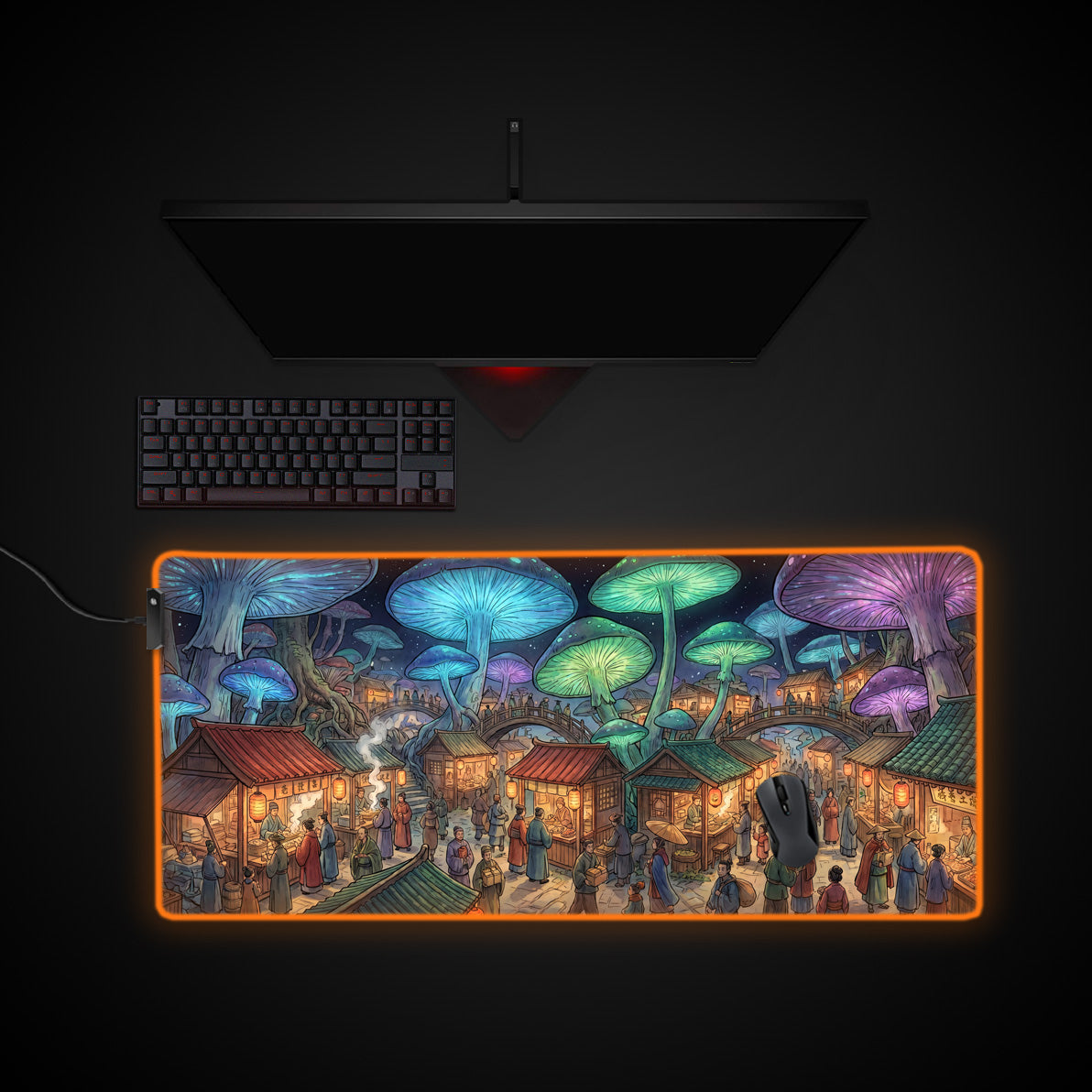 Mushroom Village desk mat with RGB edge lighting