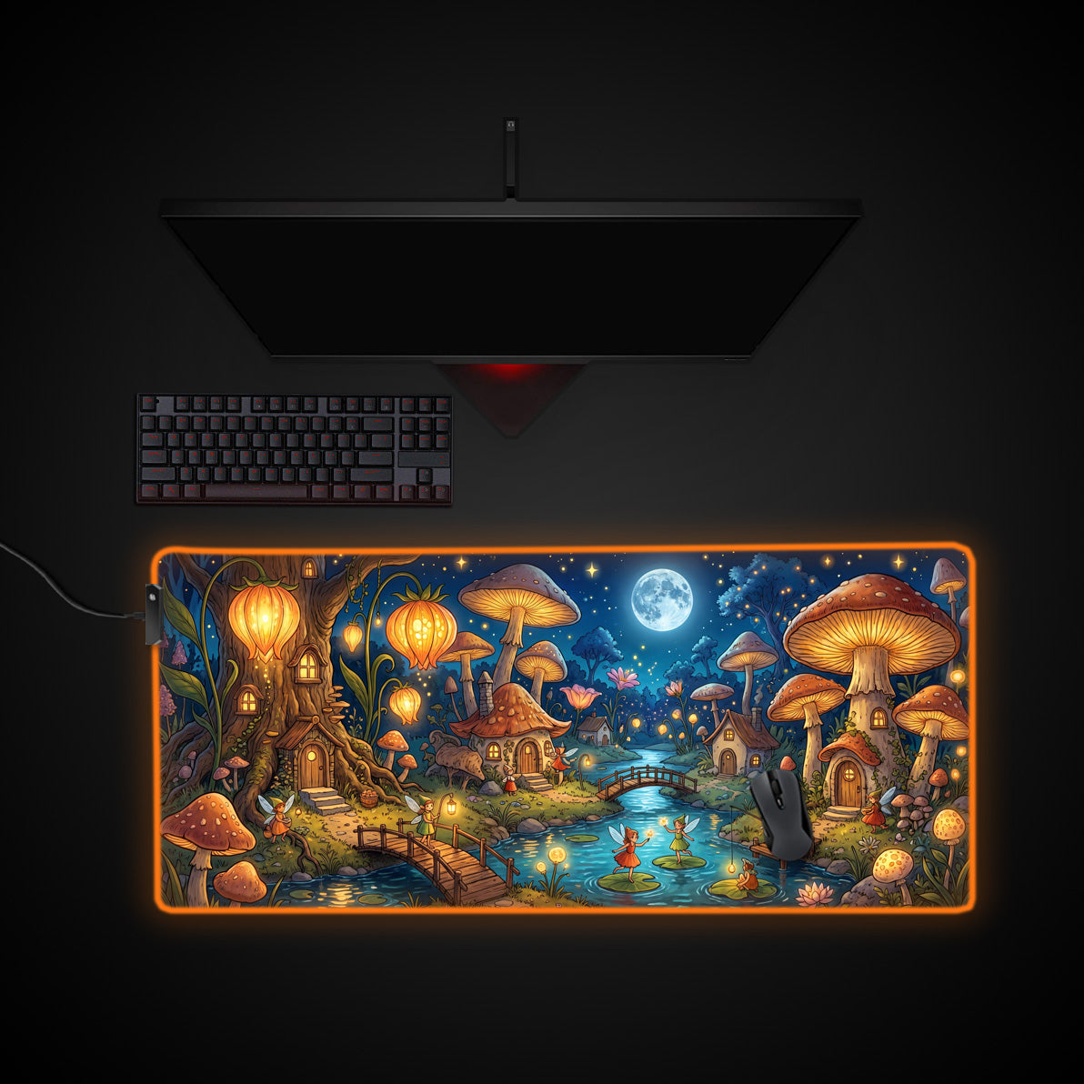 Enchanted Fairy Village desk mat with RGB edge lighting