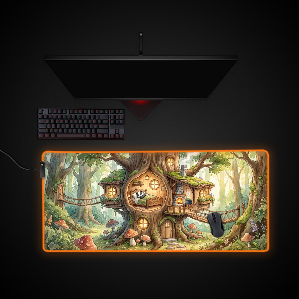 Cozy Treehouse desk mat with RGB edge lighting
