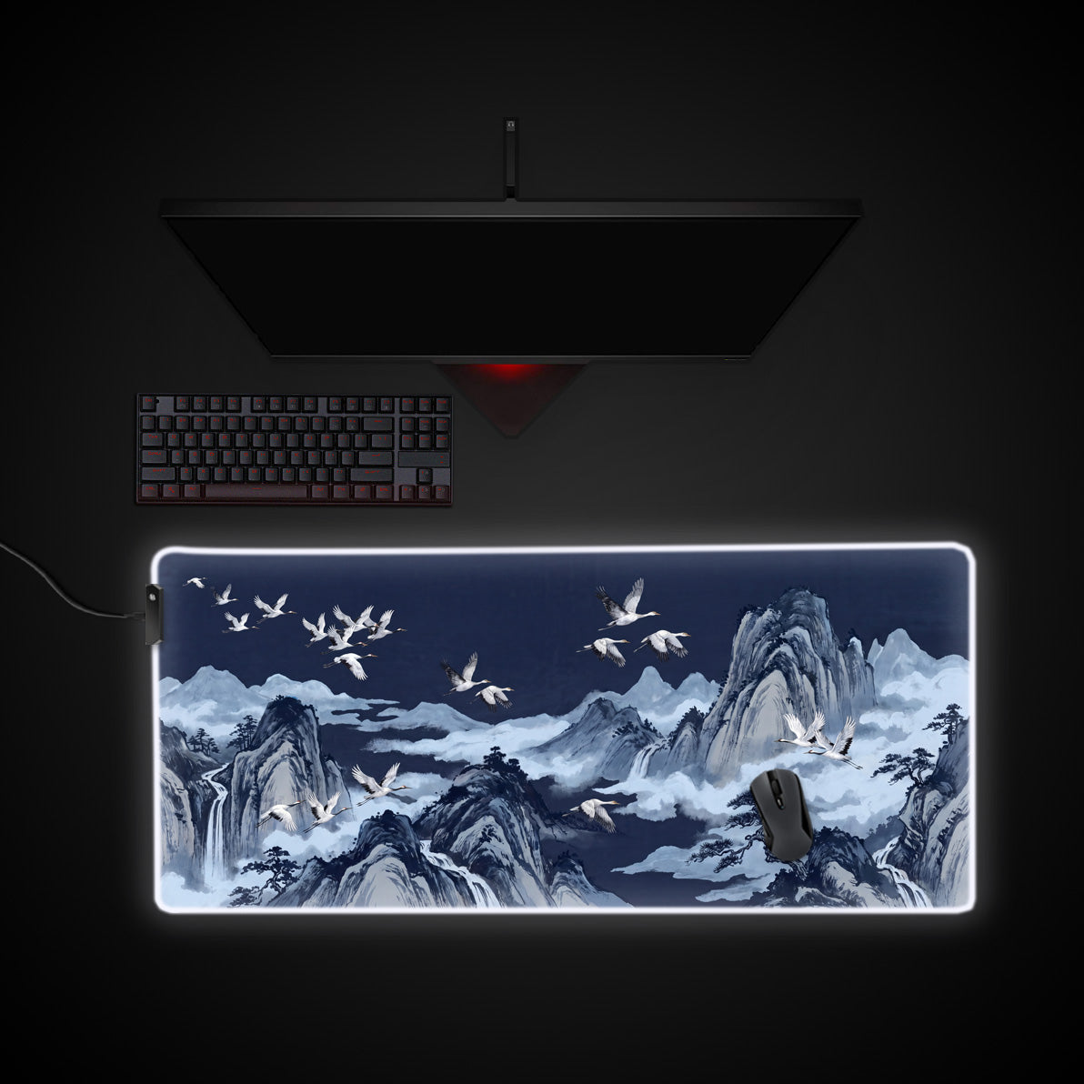 Indigo Cranes desk mat with RGB edge lighting