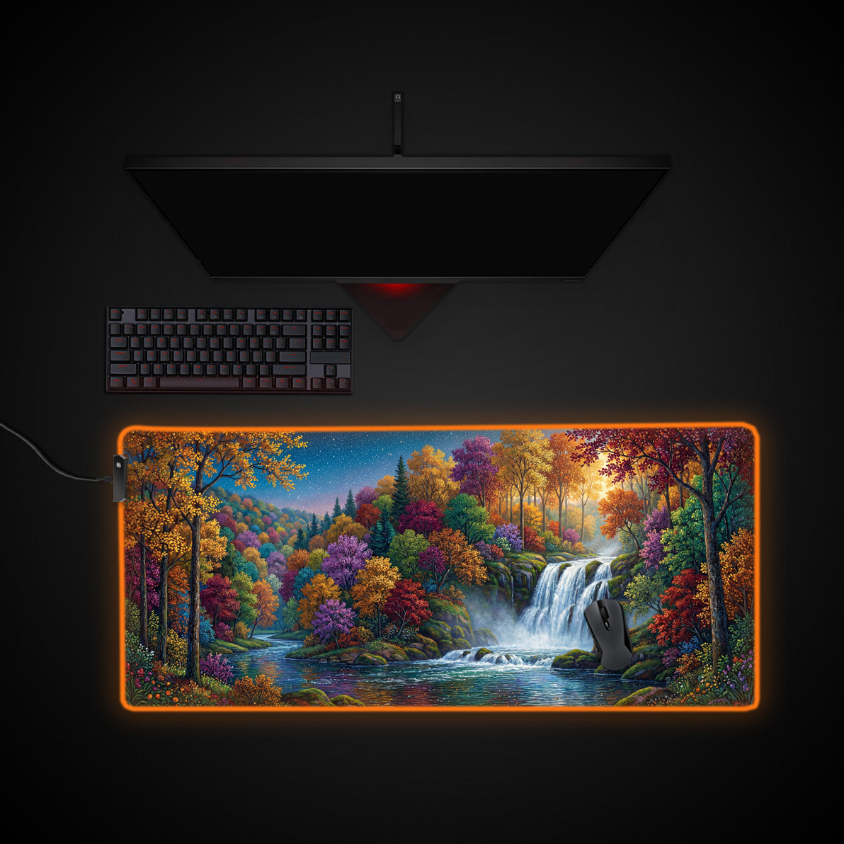 Enchanted Cascade desk mat with RGB edge lighting