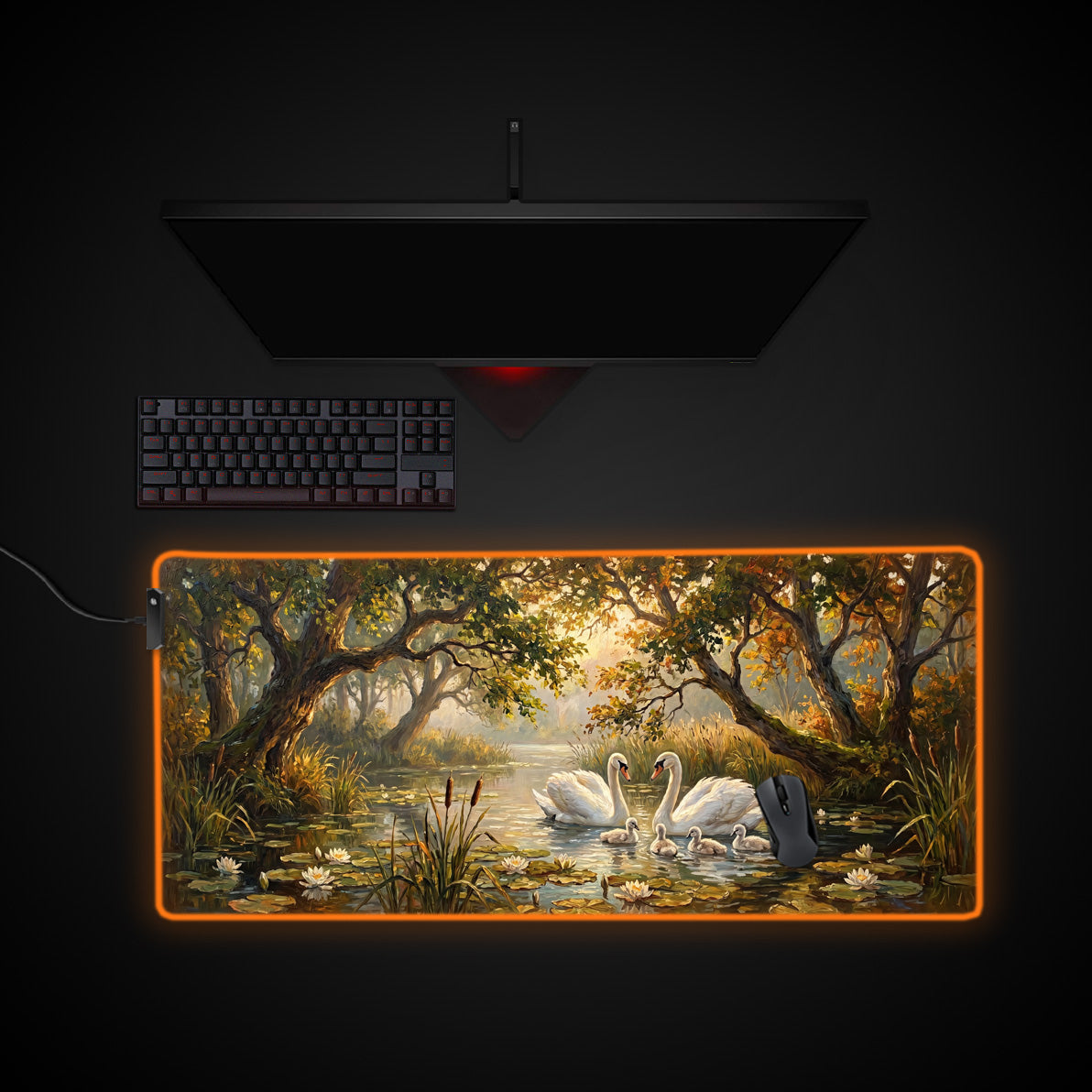 Serene Swans desk mat with RGB edge lighting