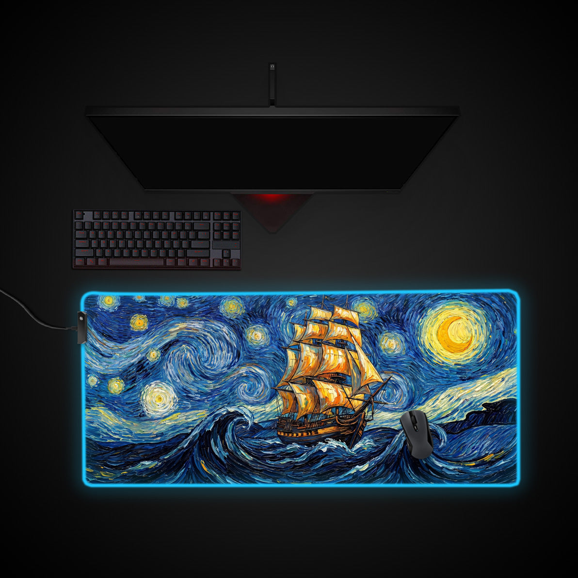 Starry Night Ship desk mat with RGB edge lighting