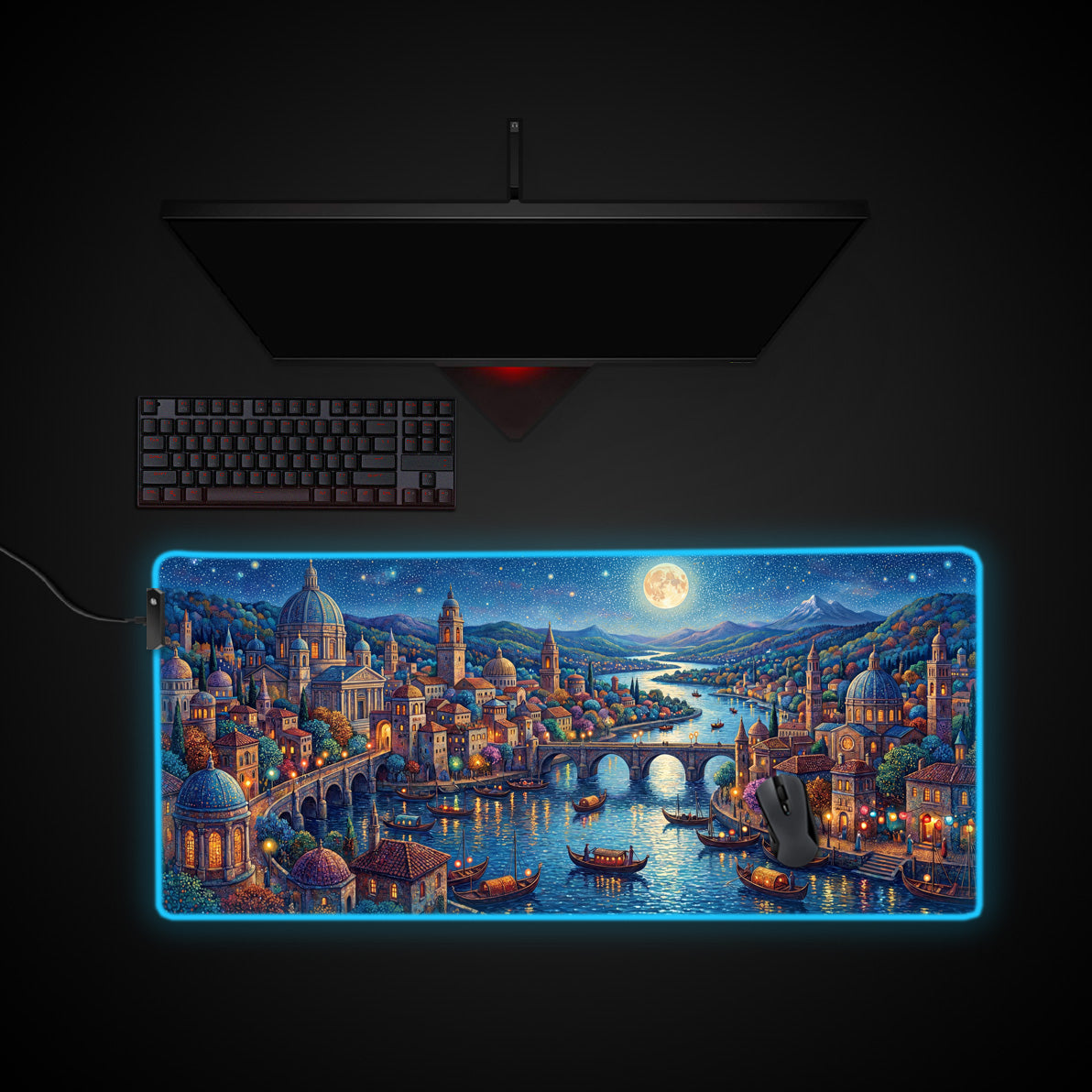 Starry River City desk mat with RGB edge lighting