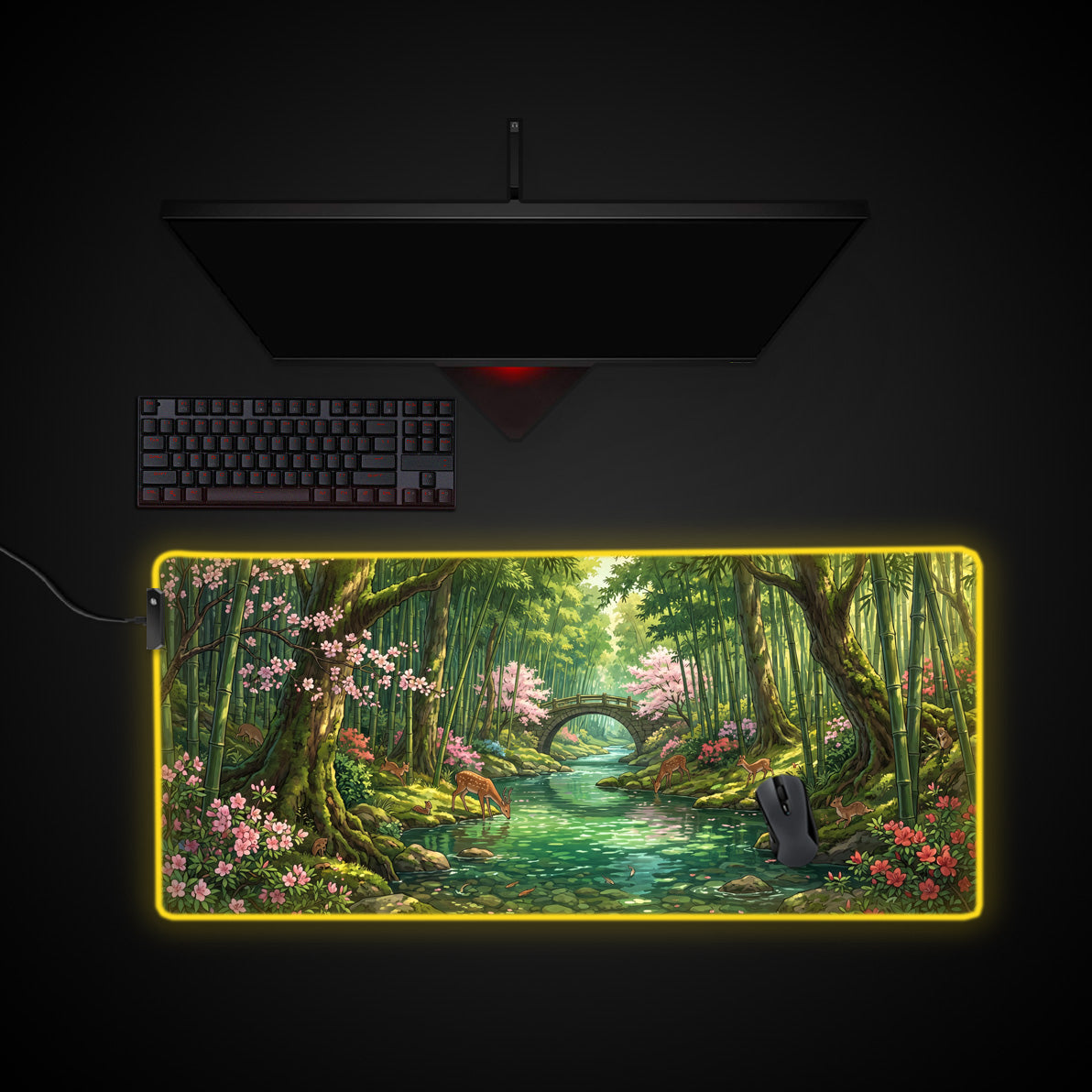 Bamboo Blossom Grove desk mat with RGB edge lighting