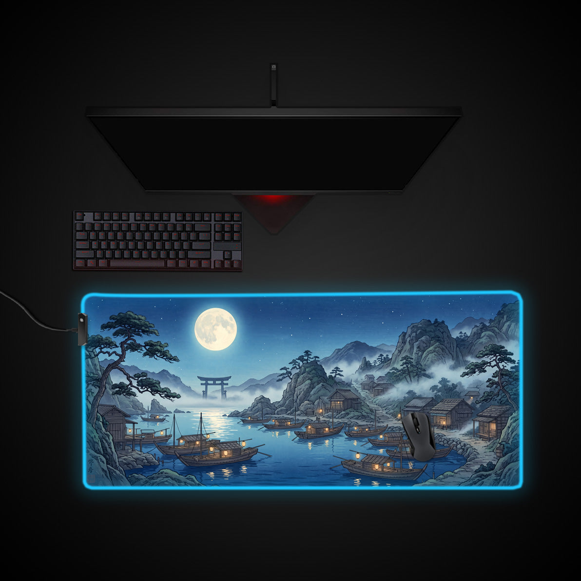 Moonlight Village desk mat with RGB edge lighting