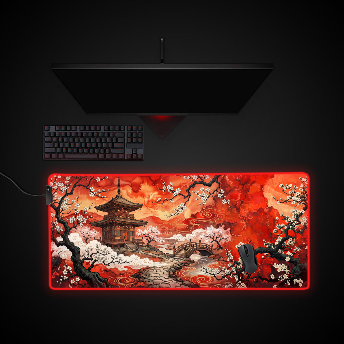 Crimson Pagoda desk mat with RGB edge lighting