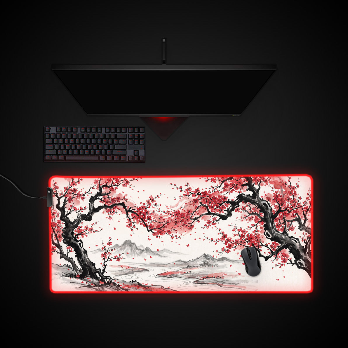 Crimson Canopy desk mat with RGB edge lighting