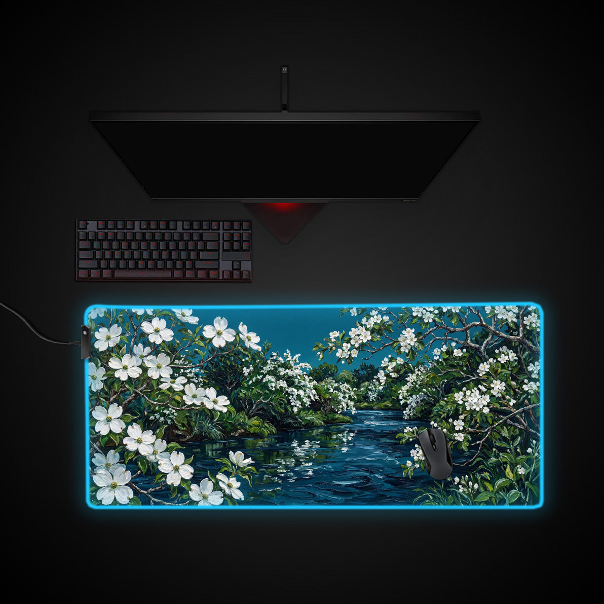 Spring Blossom River desk mat with RGB edge lighting