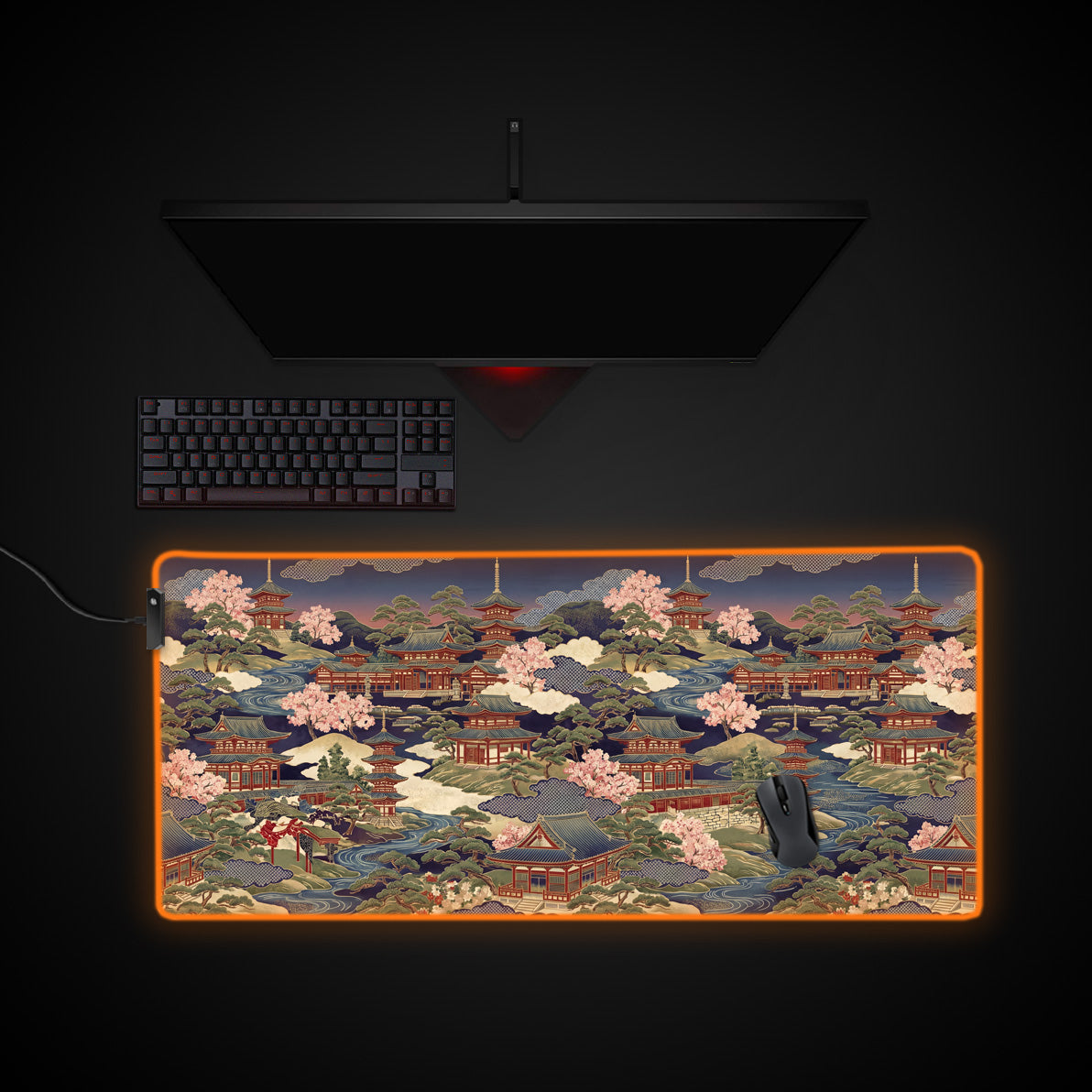 Sakura Pagoda desk mat with RGB edge lighting