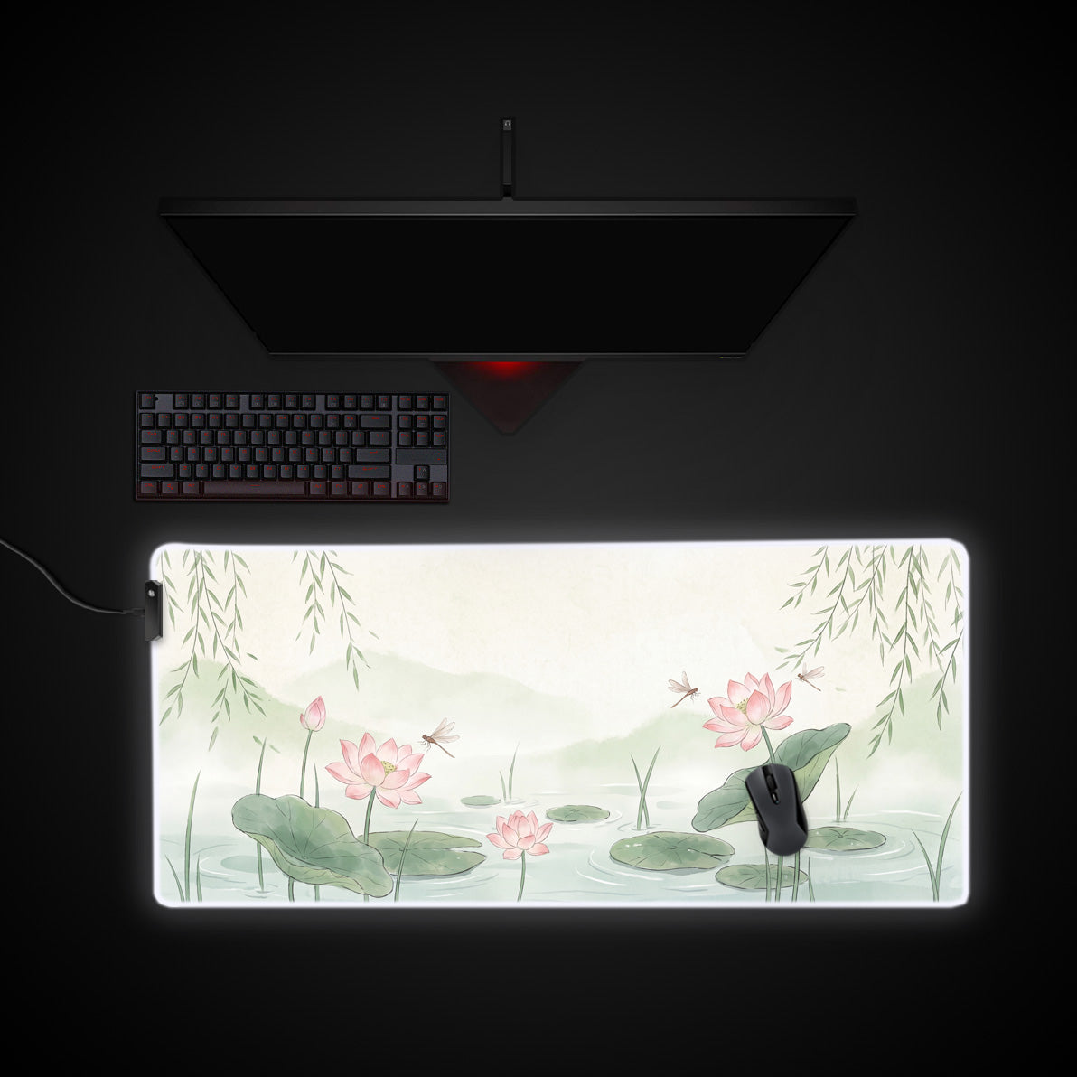 Watercolor Lotus desk mat with RGB edge lighting