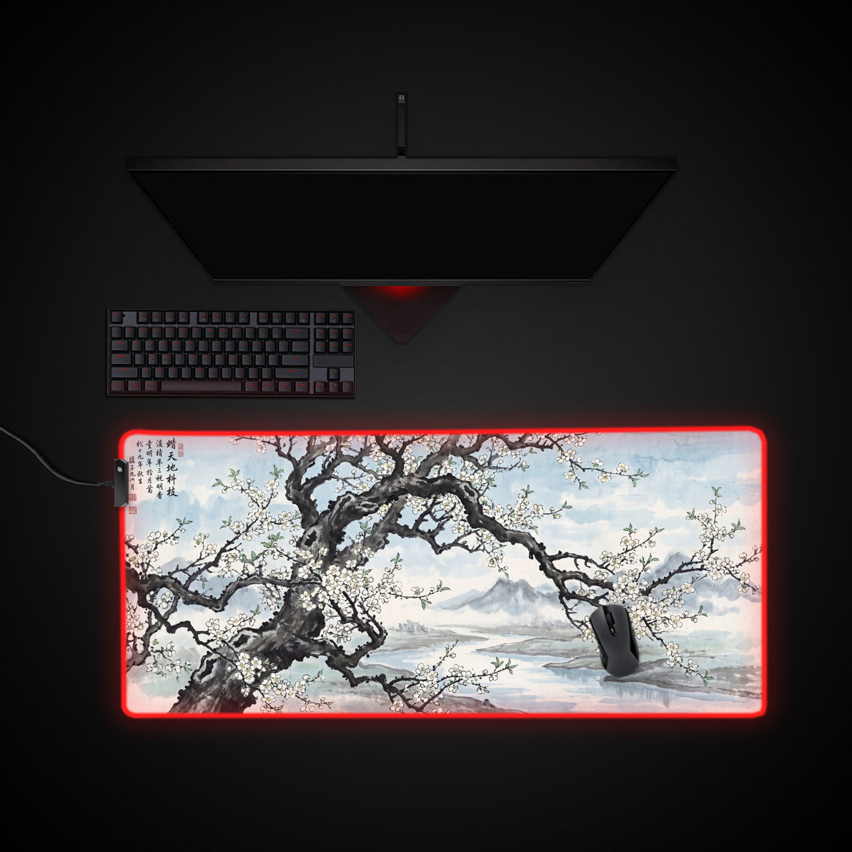 Plum Blossom Serenity desk mat with RGB edge lighting